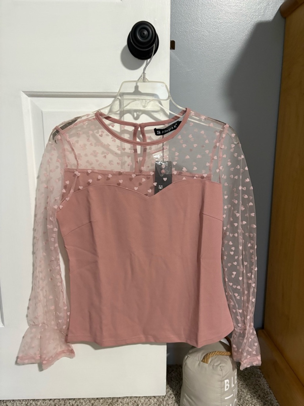 A New Day Pink Heart Mesh Sleeve Sweetheart Top S